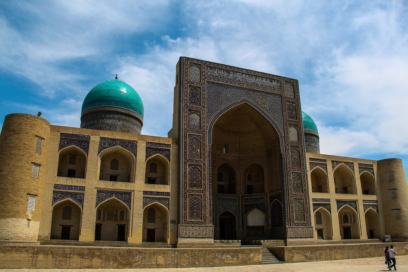 The facade of the Mir-i-Arab Madrasa under heavy cloud