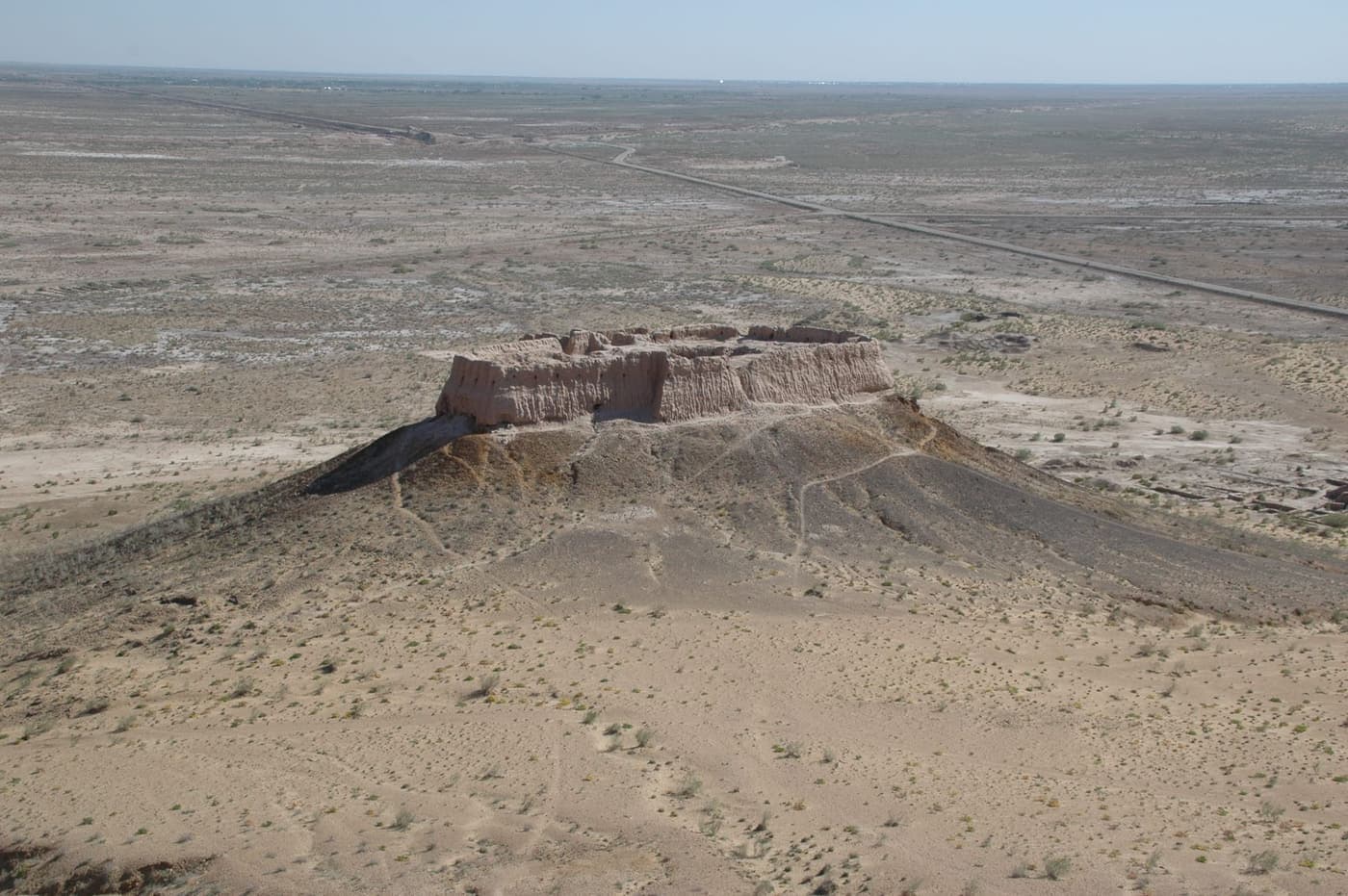 Ayaz-Kala 2 seen from the upper fortress, with the desert plain beyond