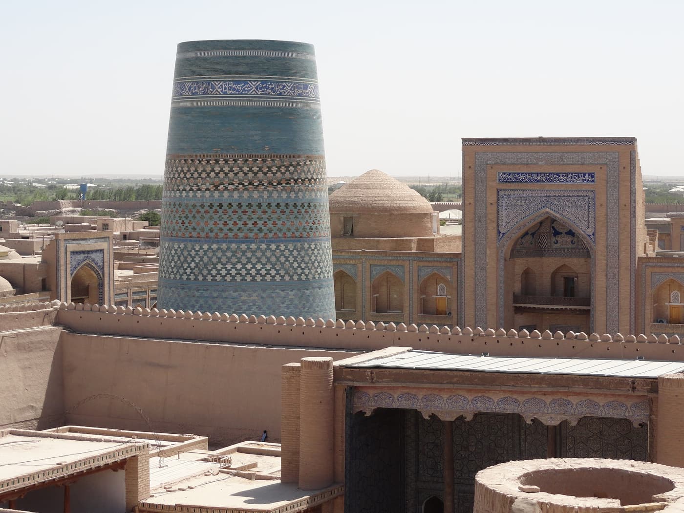 Kalta Minor and the Muhammad Amin Khan Madrasa seen from above, over the roofs of Khiva