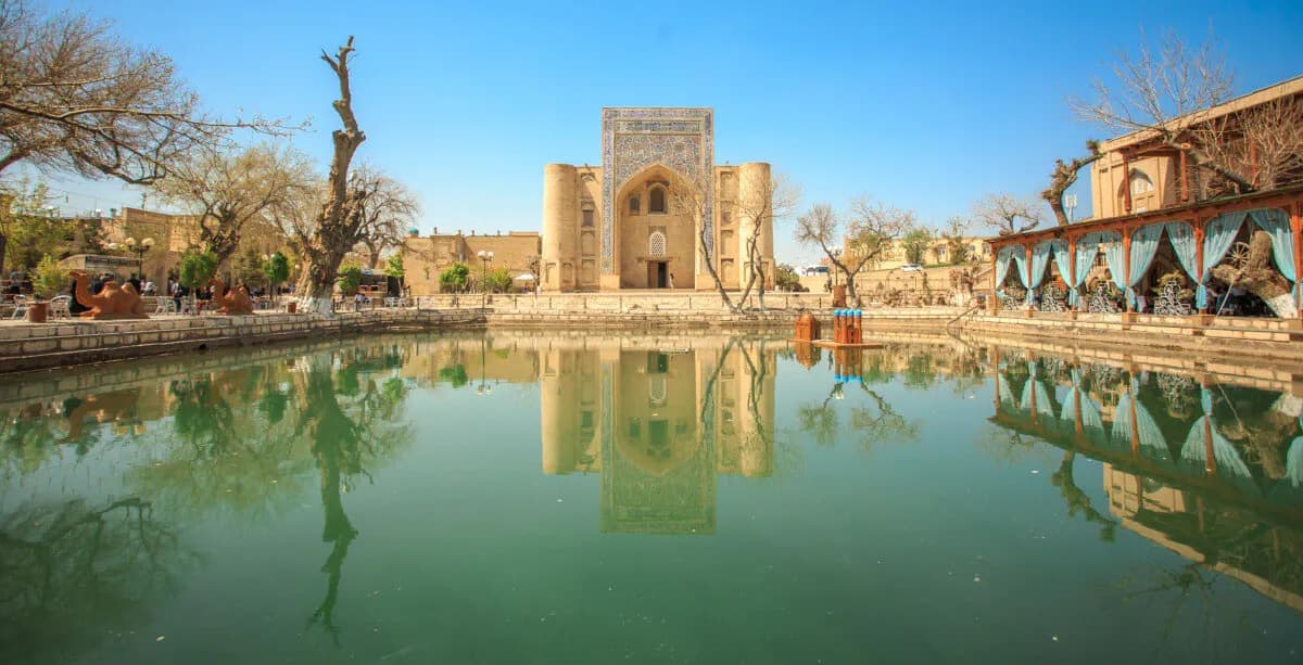 A wide view across the pond, the khanqah on one side and the tea house on the other